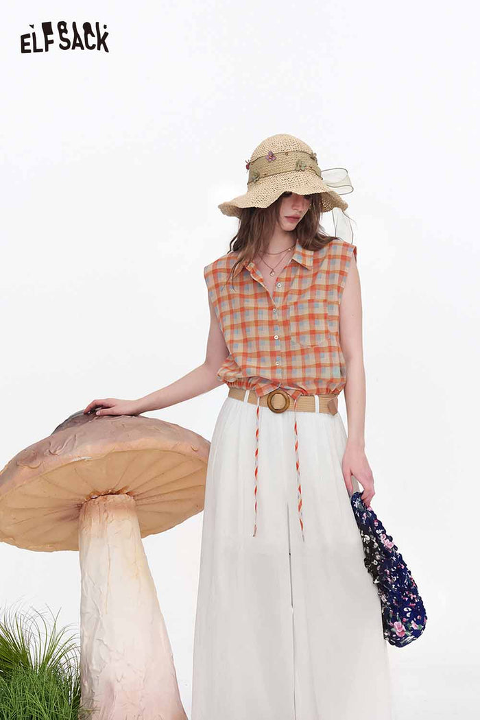 ELFSACK Belted High Waist Linen Wide Leg Pants