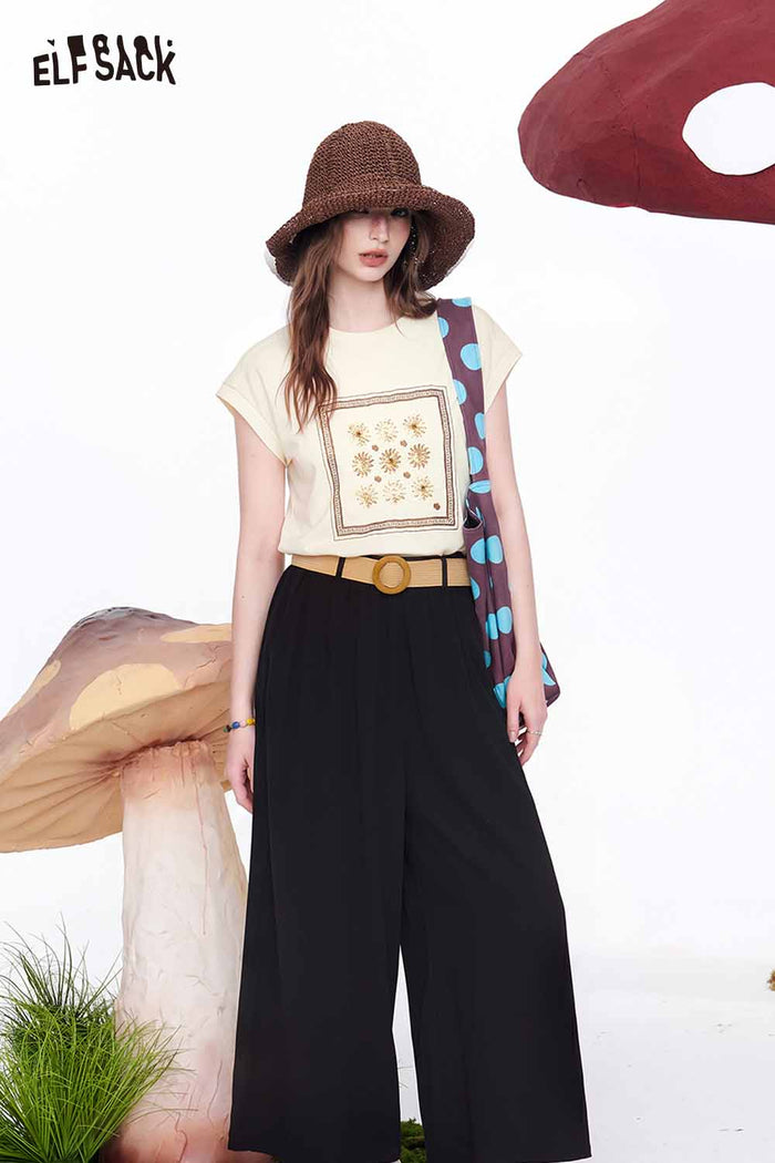 ELFSACK Belted High Waist Linen Wide Leg Pants