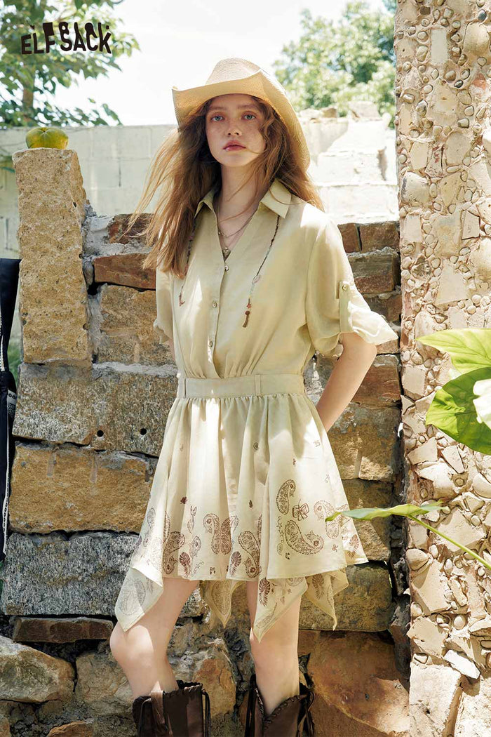 ELFSACK Belted Paisley Shirt Mini Dress