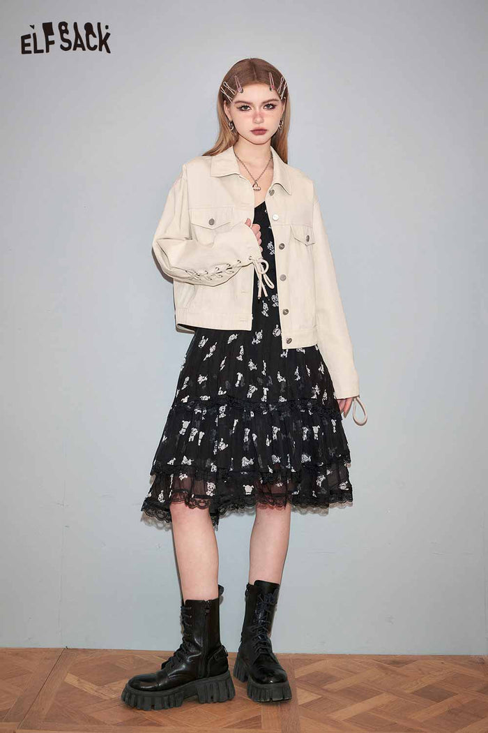 ELFSACK Betty Collaboration All Over Graphic Black Slip Dress