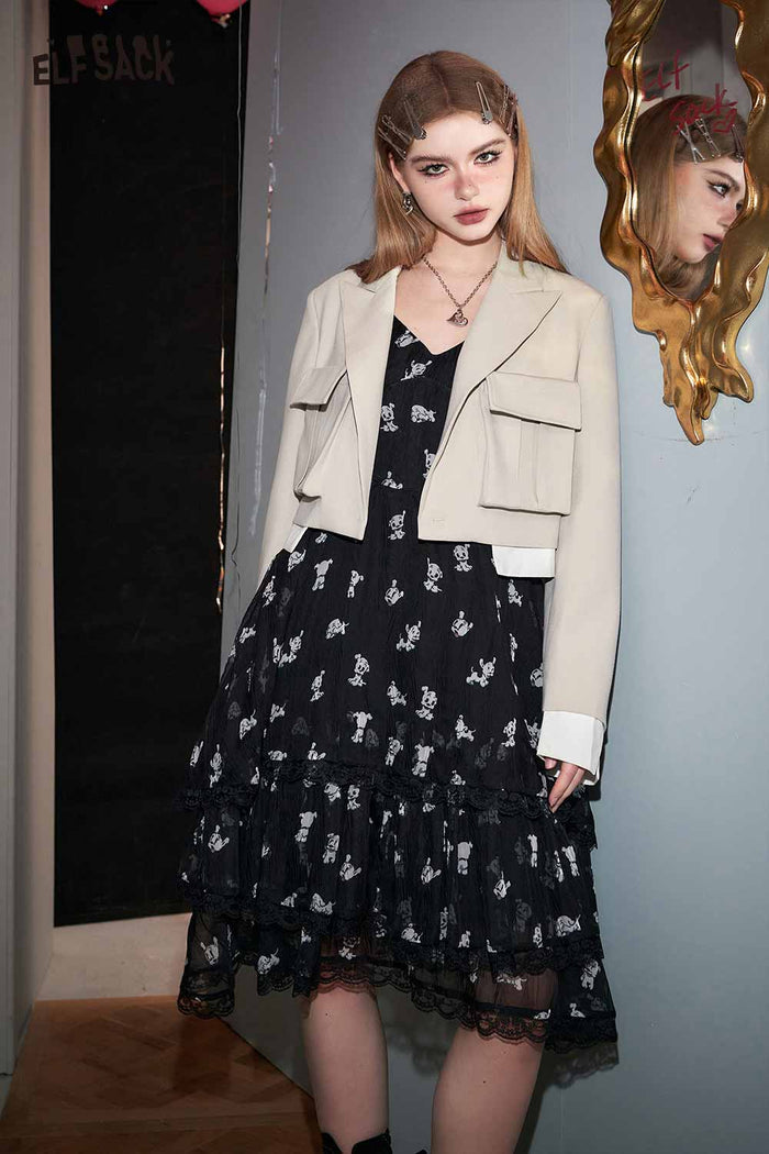ELFSACK Betty Collaboration All Over Graphic Black Slip Dress