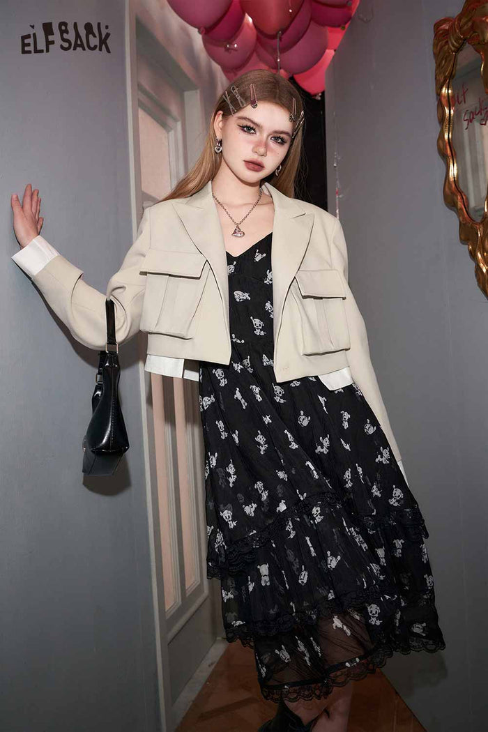 ELFSACK Betty Collaboration All Over Graphic Black Slip Dress