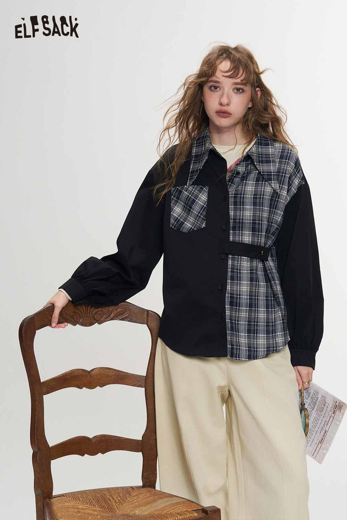 Black Asymmetrical Patchwork Plaid Blouse