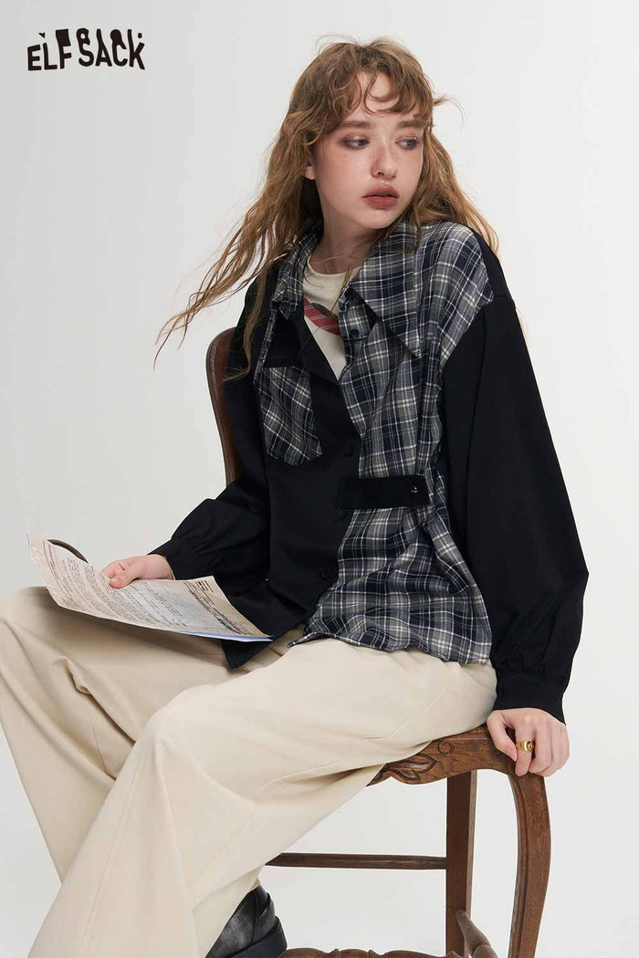 Black Asymmetrical Patchwork Plaid Blouse