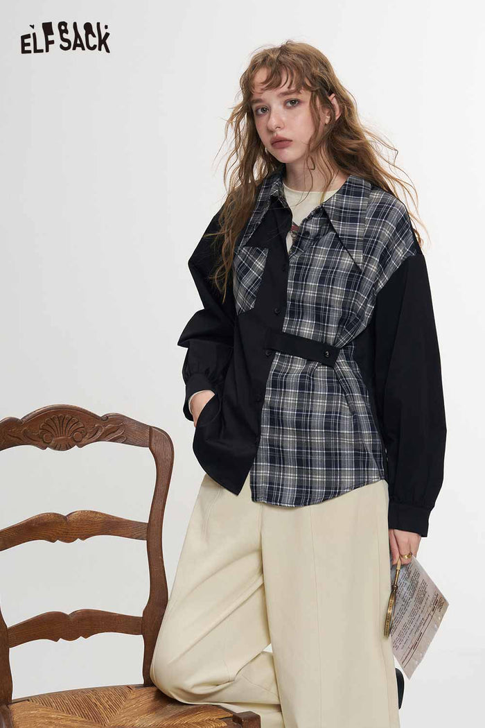 Black Asymmetrical Patchwork Plaid Blouse