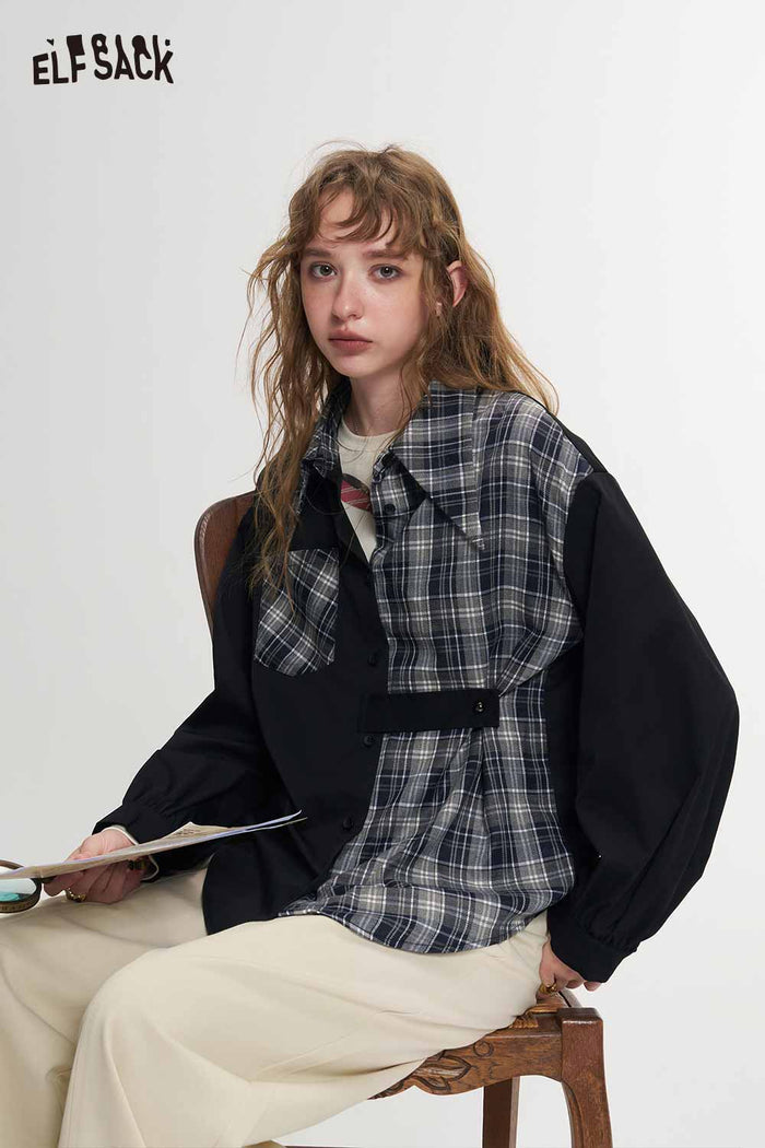 Black Asymmetrical Patchwork Plaid Blouse