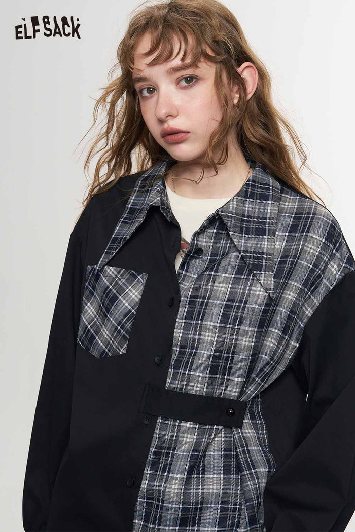 Black Asymmetrical Patchwork Plaid Blouse