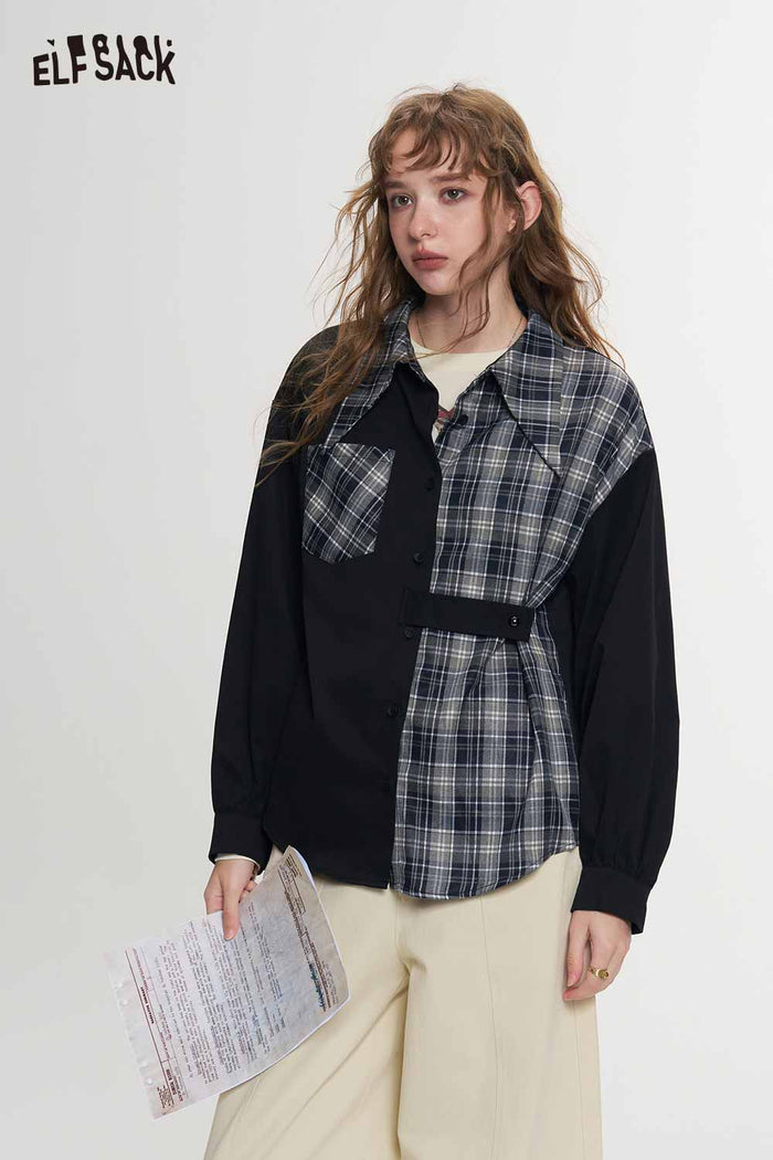 Black Asymmetrical Patchwork Plaid Blouse
