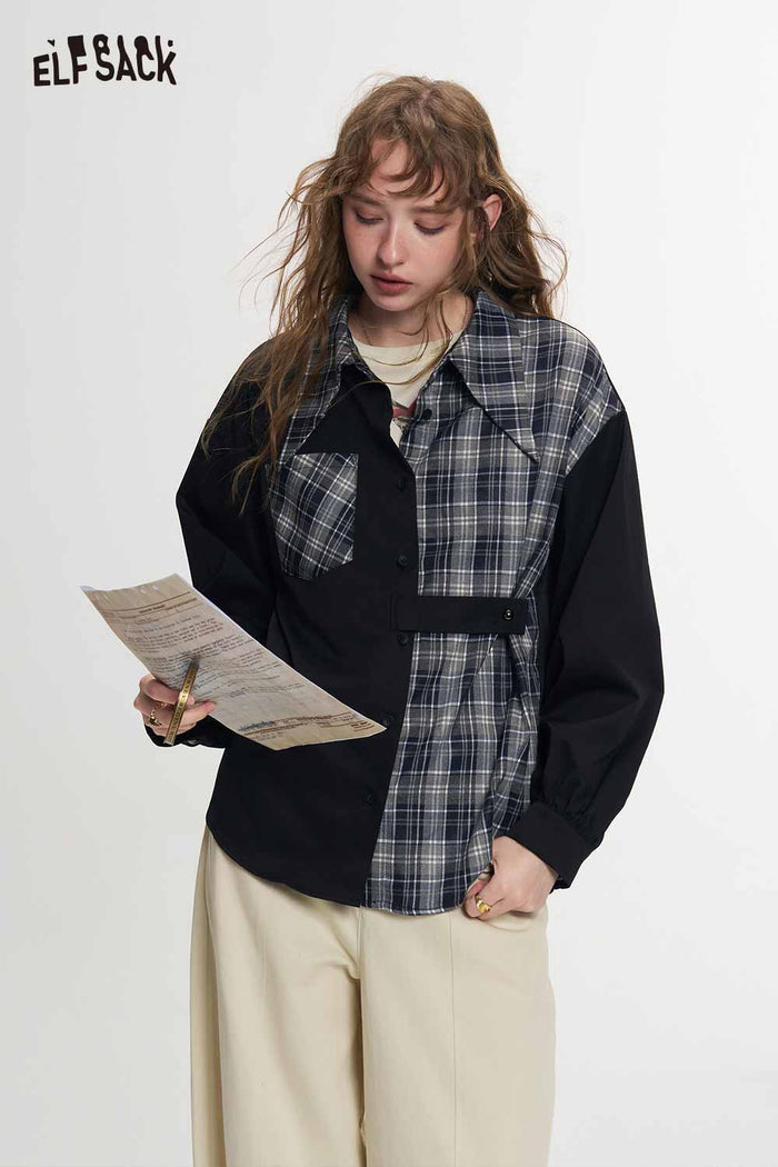 Black Asymmetrical Patchwork Plaid Blouse