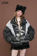 Black Cropped Lace Patchwork Graphic Puffer Jacket