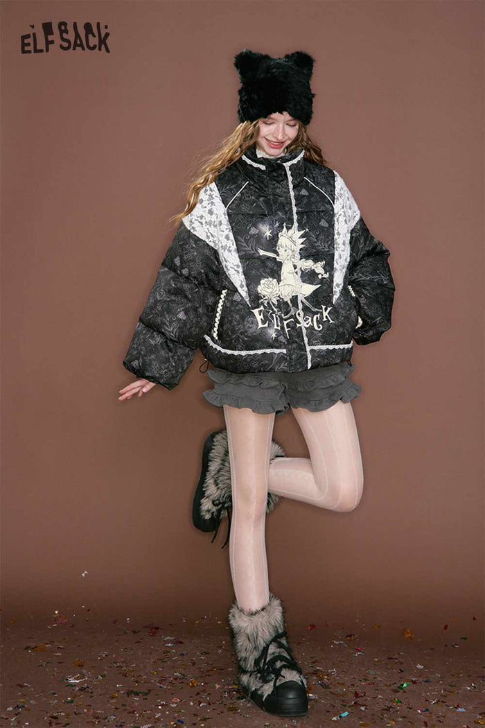 Black Cropped Lace Patchwork Graphic Puffer Jacket