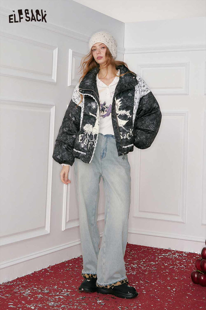 Black Cropped Lace Patchwork Graphic Puffer Jacket