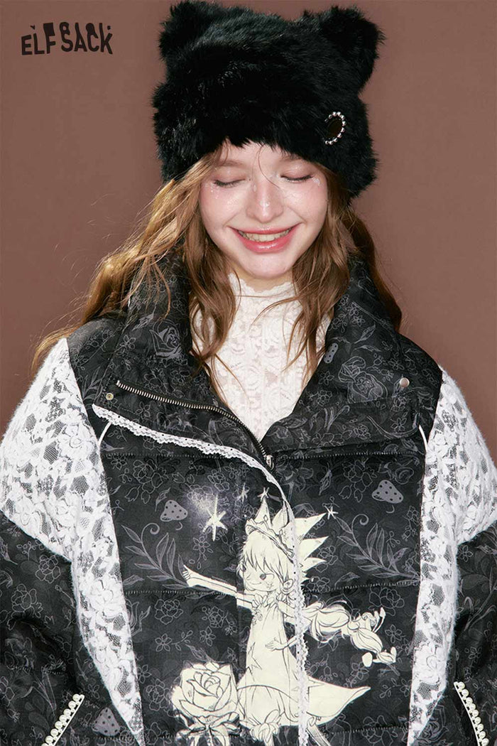 Black Cropped Lace Patchwork Graphic Puffer Jacket