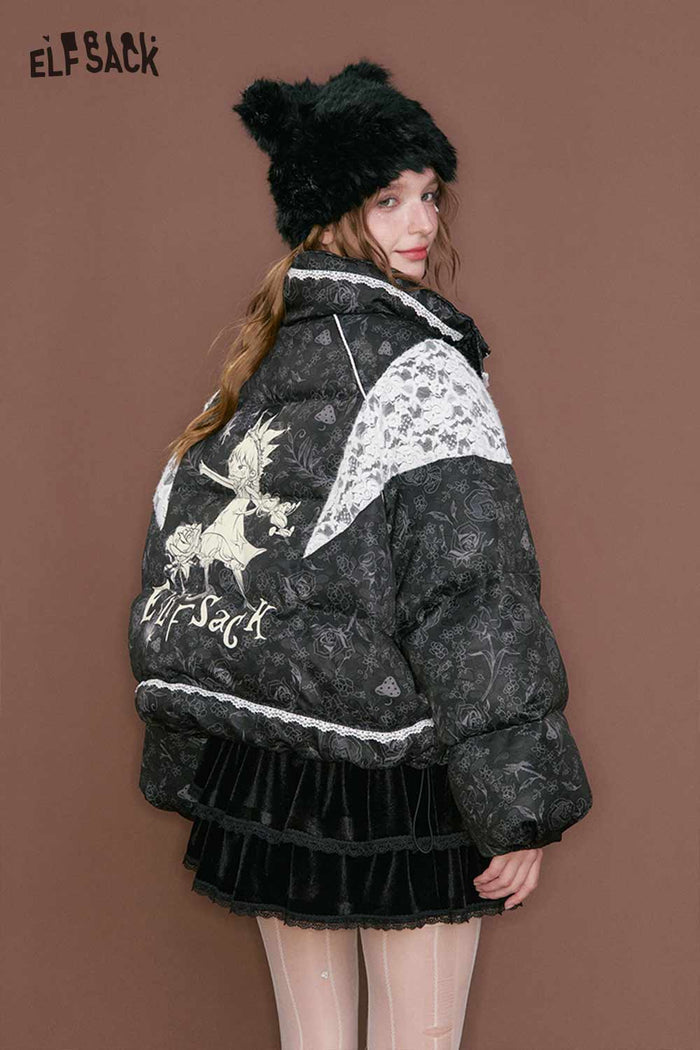 Black Cropped Lace Patchwork Graphic Puffer Jacket