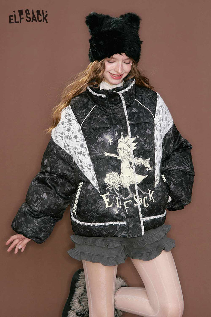 Black Cropped Lace Patchwork Graphic Puffer Jacket