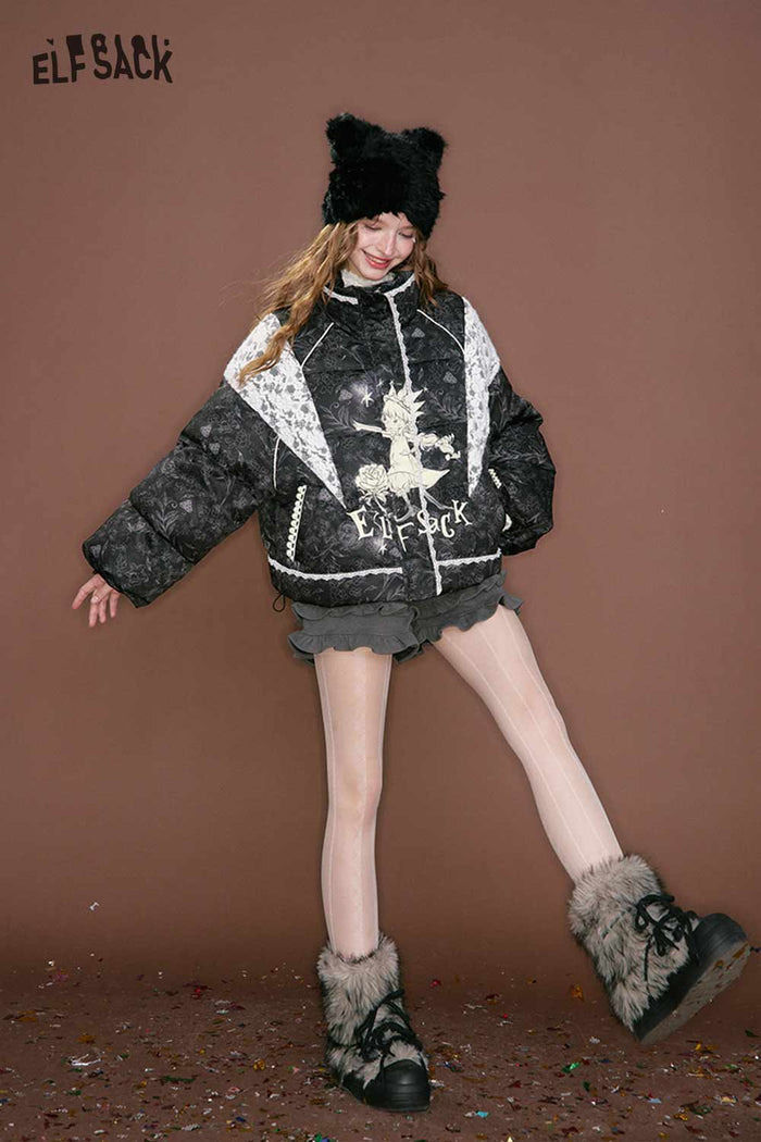Black Cropped Lace Patchwork Graphic Puffer Jacket