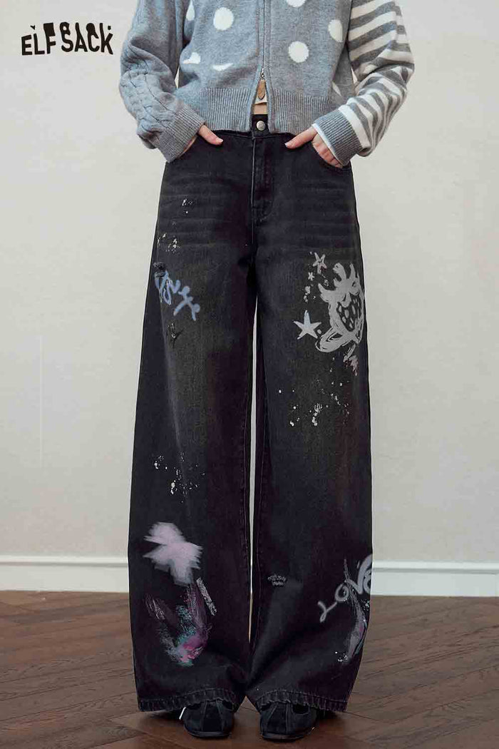 Black Graffiti Wide Leg Denim Pants