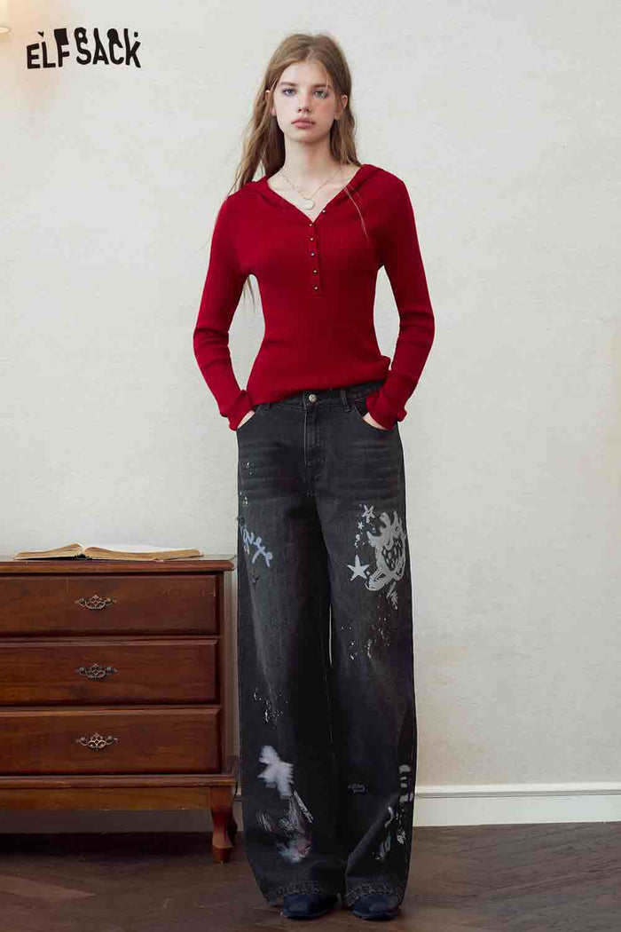 Black Graffiti Wide Leg Denim Pants