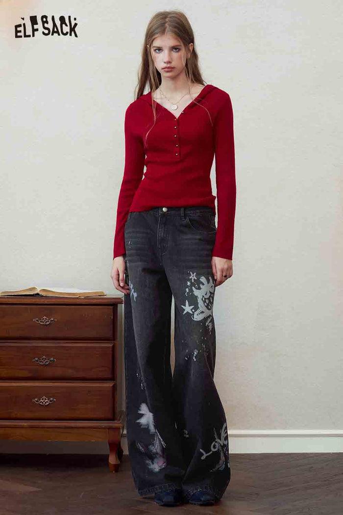 Black Graffiti Wide Leg Denim Pants