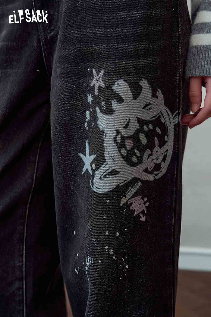 Black Graffiti Wide Leg Denim Pants