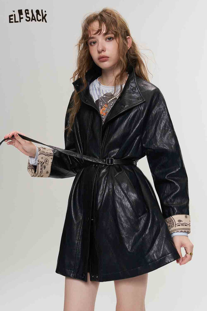 Black Outerwear with Waist Tie Hidden Placket Contrast Paisley Cuff