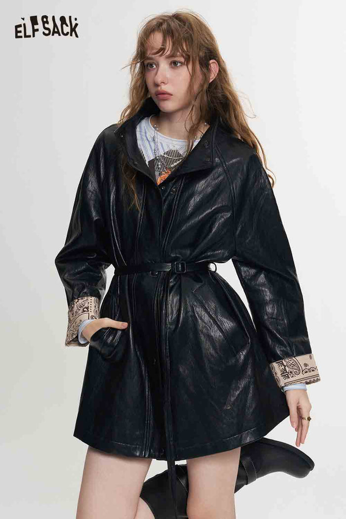 Black Outerwear with Waist Tie Hidden Placket Contrast Paisley Cuff