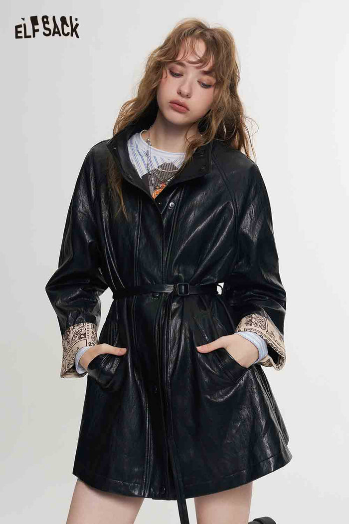 Black Outerwear with Waist Tie Hidden Placket Contrast Paisley Cuff