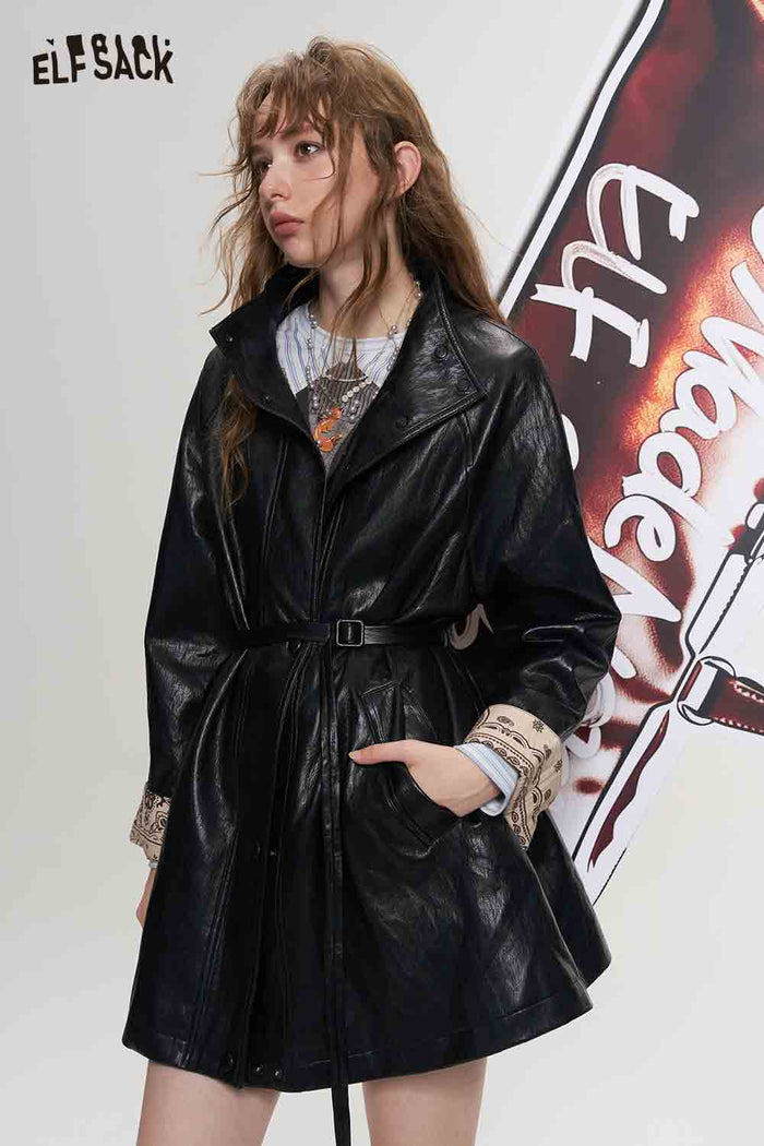 Black Outerwear with Waist Tie Hidden Placket Contrast Paisley Cuff