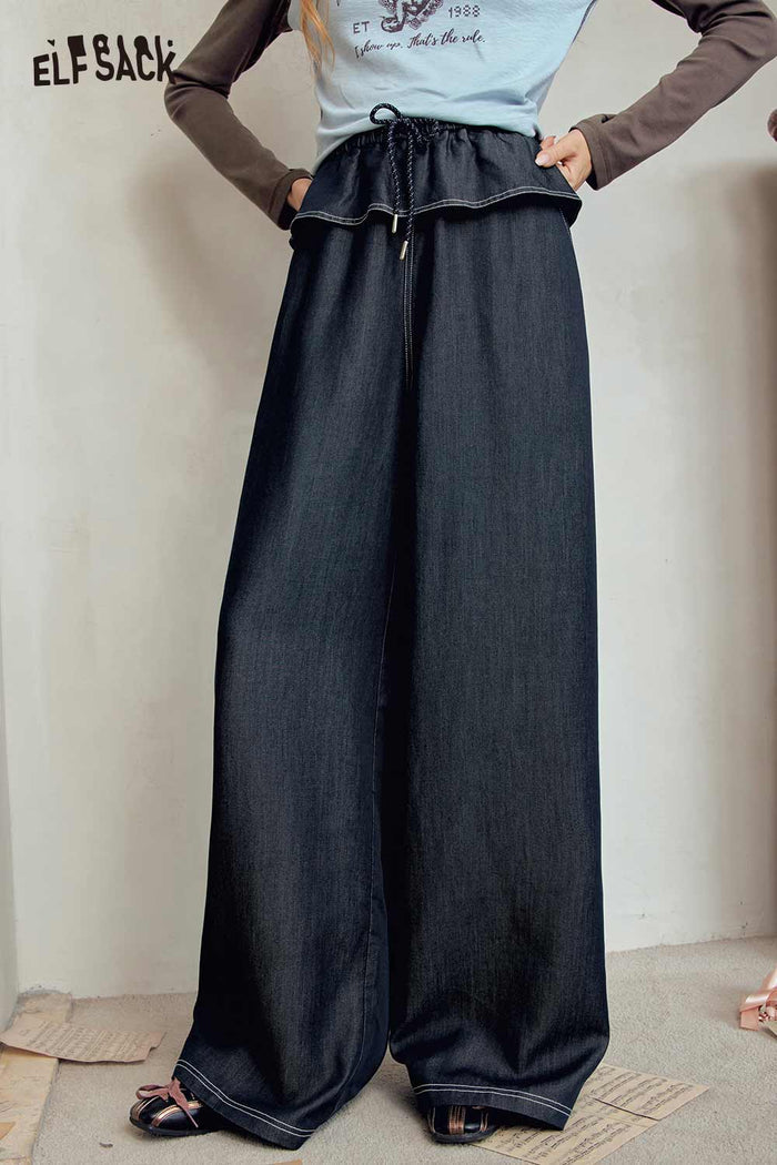 Black Ruffle Waist Wide Leg Pants