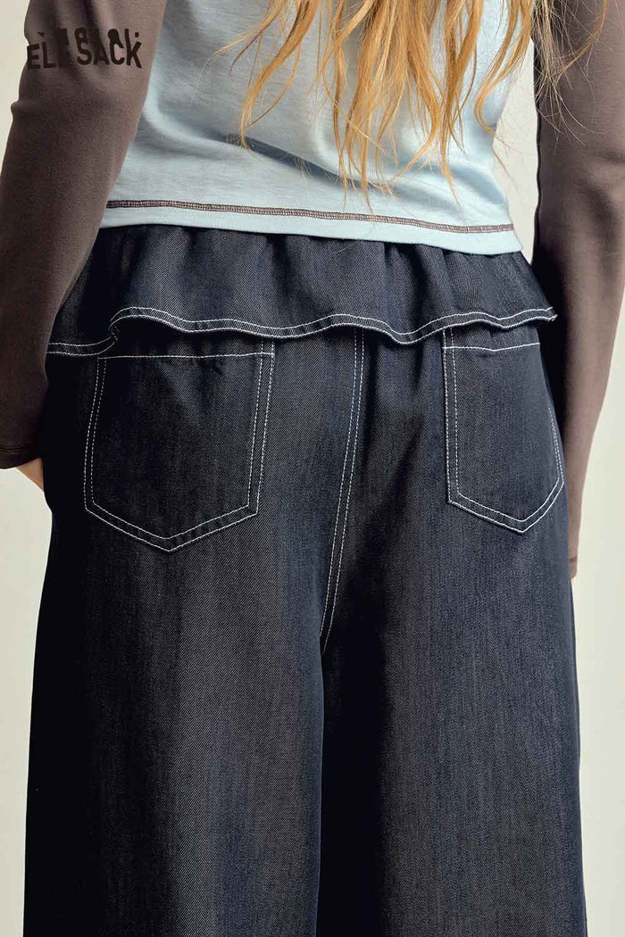 Black Ruffle Waist Wide Leg Pants