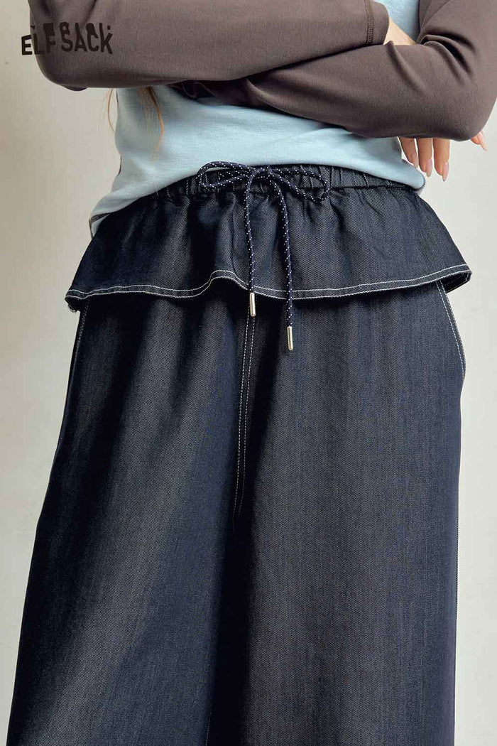 Black Ruffle Waist Wide Leg Pants