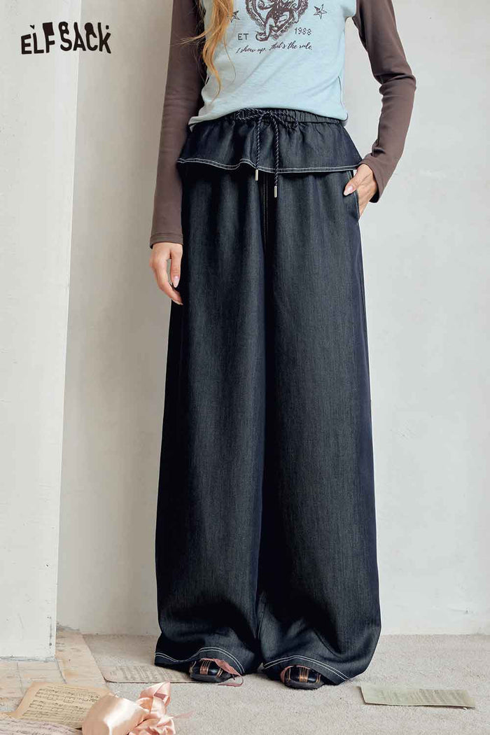 Black Ruffle Waist Wide Leg Pants