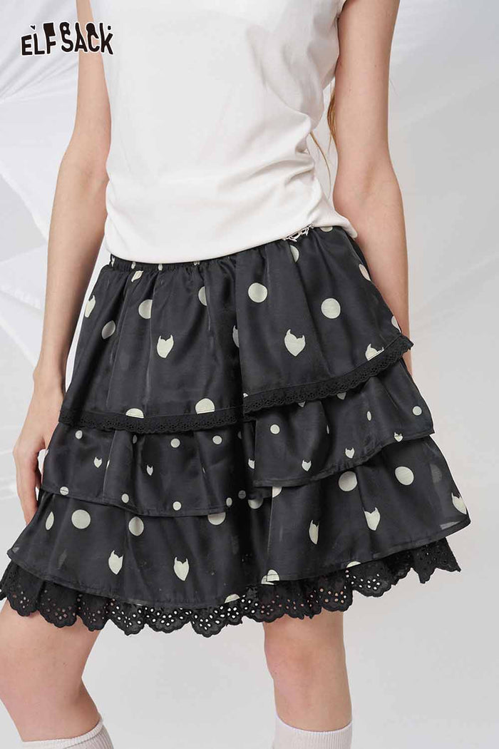 ELFSACK Black White Polka Dot Tiered Skirt