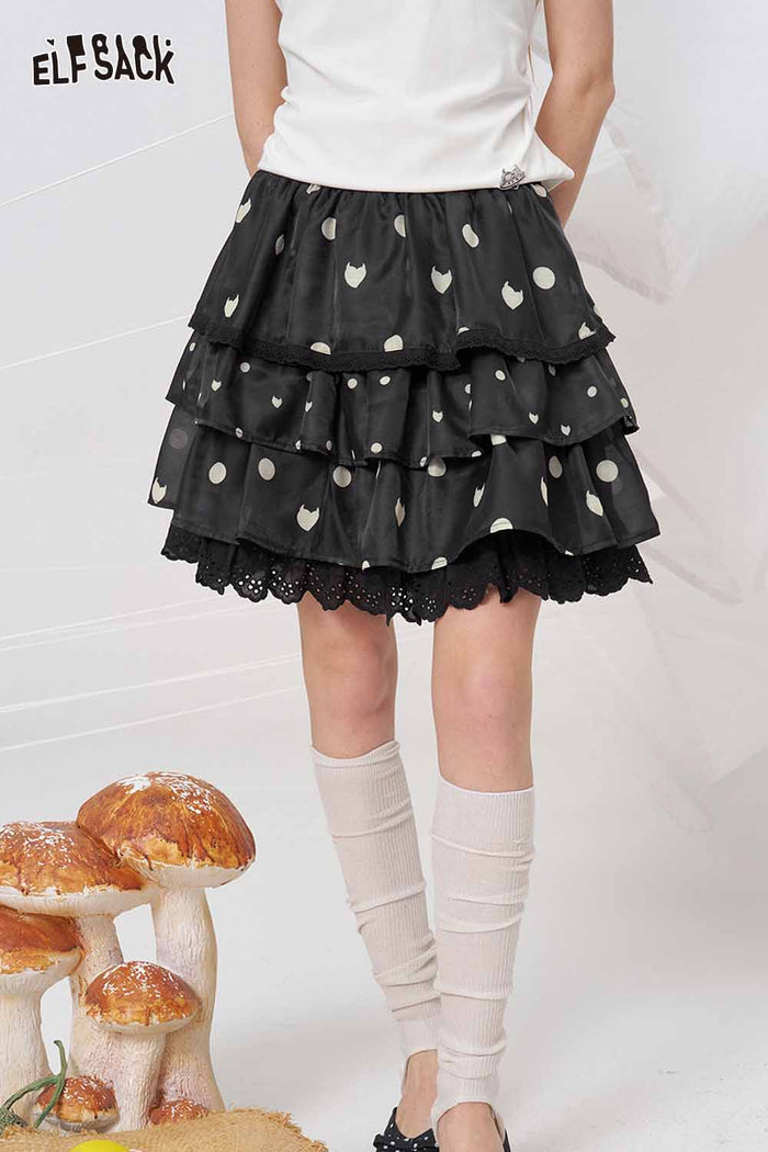 ELFSACK Black White Polka Dot Tiered Skirt