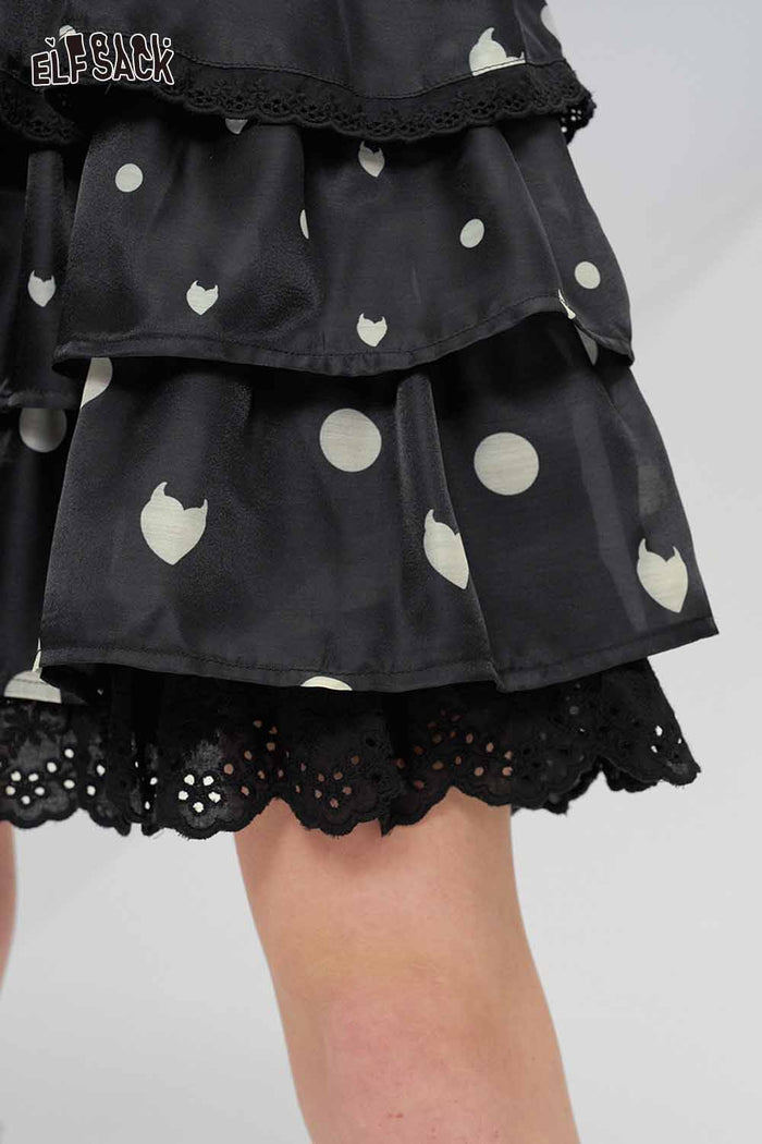 ELFSACK Black White Polka Dot Tiered Skirt