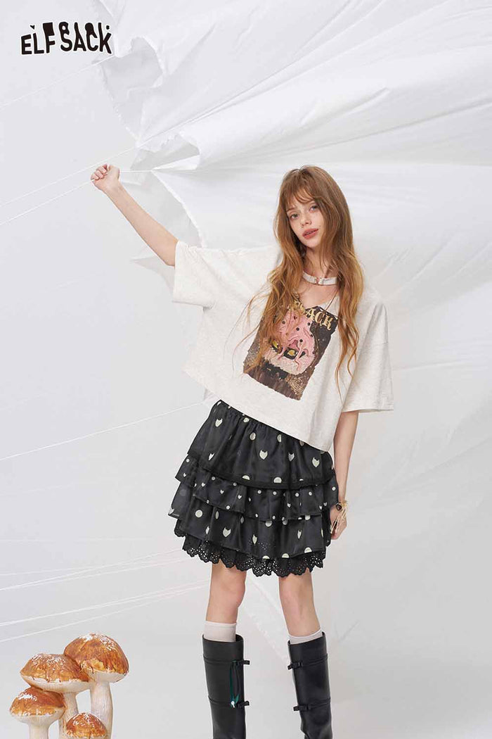 ELFSACK Black White Polka Dot Tiered Skirt