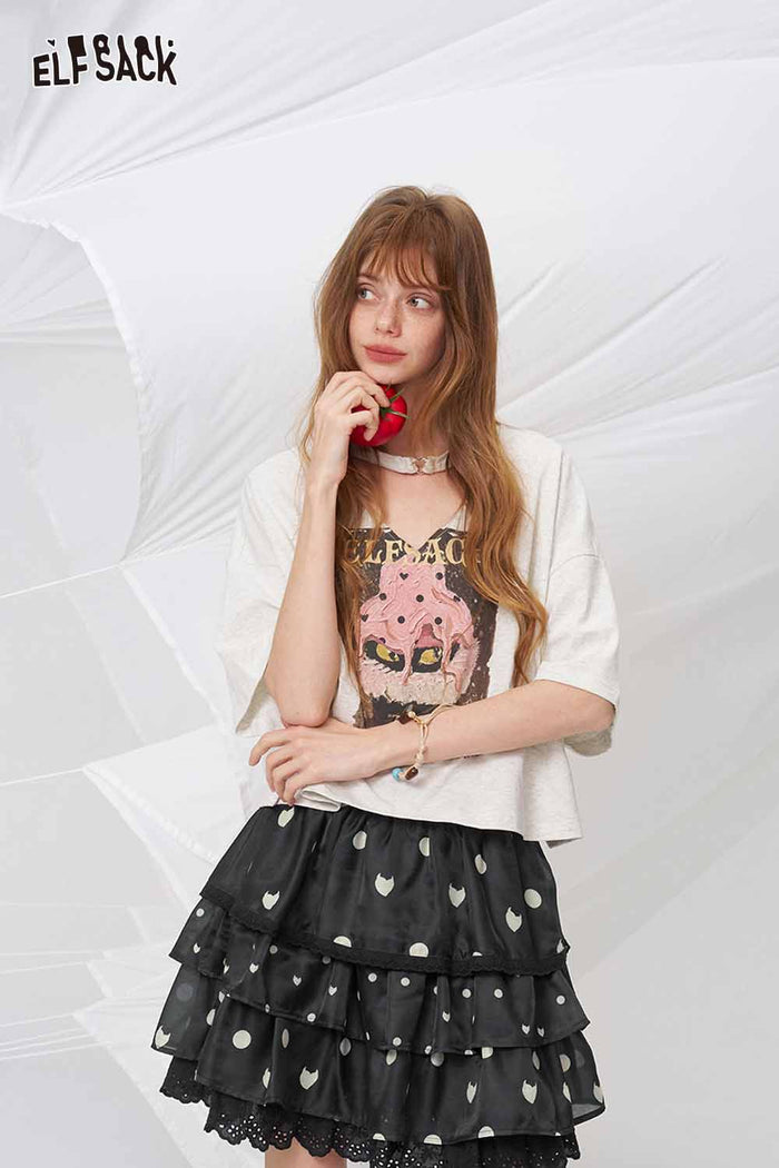 ELFSACK Black White Polka Dot Tiered Skirt