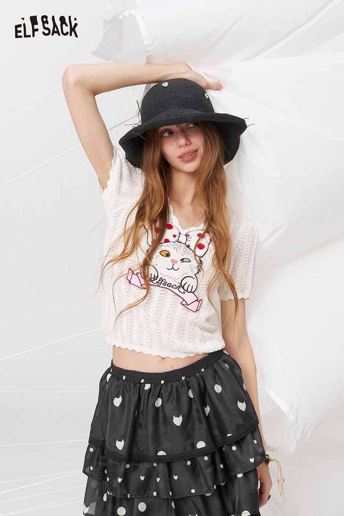 ELFSACK Black White Polka Dot Tiered Skirt