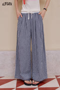ELFSACK Blue Checkered Wide Leg Straight Leg Casual Pants