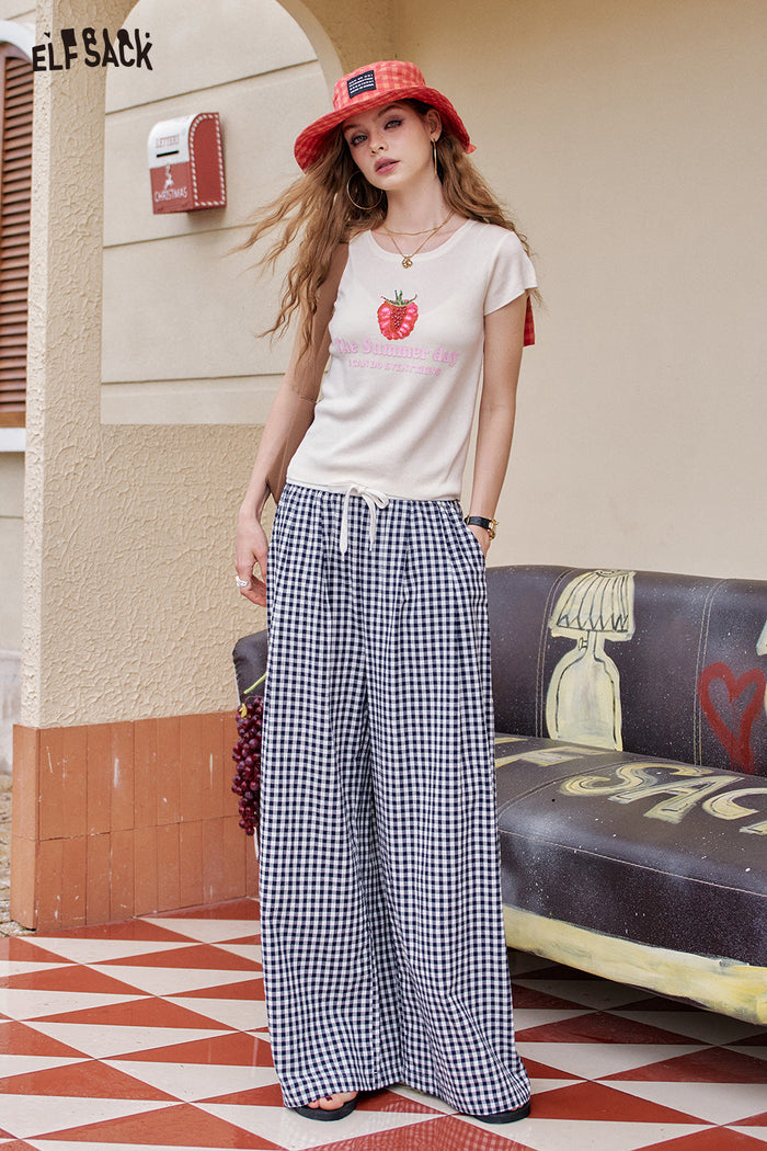 ELFSACK Blue Checkered Wide Leg Straight Leg Casual Pants