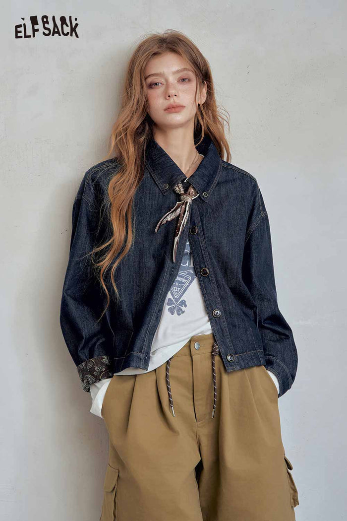 Blue Cropped Lapel Scarf Detail Jacket