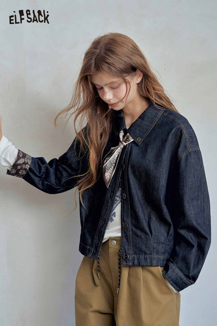 Blue Cropped Lapel Scarf Detail Jacket