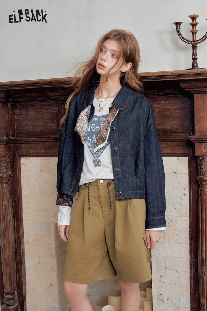 Blue Cropped Lapel Scarf Detail Jacket