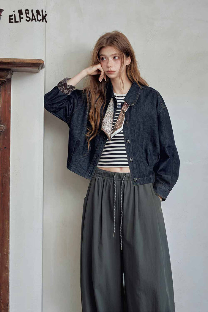 Blue Cropped Lapel Scarf Detail Jacket