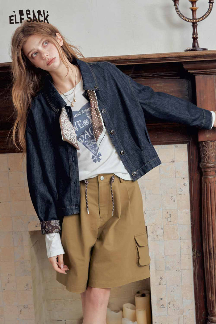Blue Cropped Lapel Scarf Detail Jacket