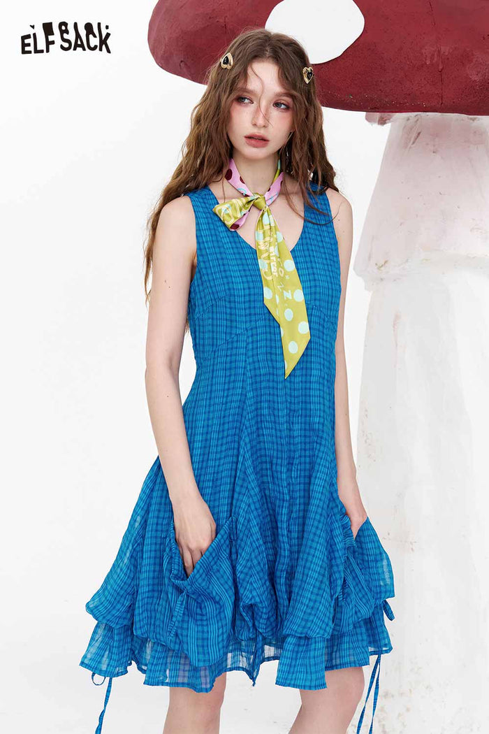 ELFSACK Blue Plaid Drawstring Hem Midi Dress