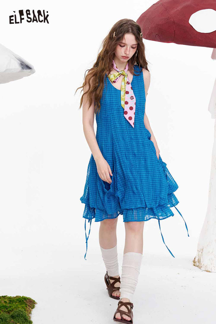 ELFSACK Blue Plaid Drawstring Hem Midi Dress