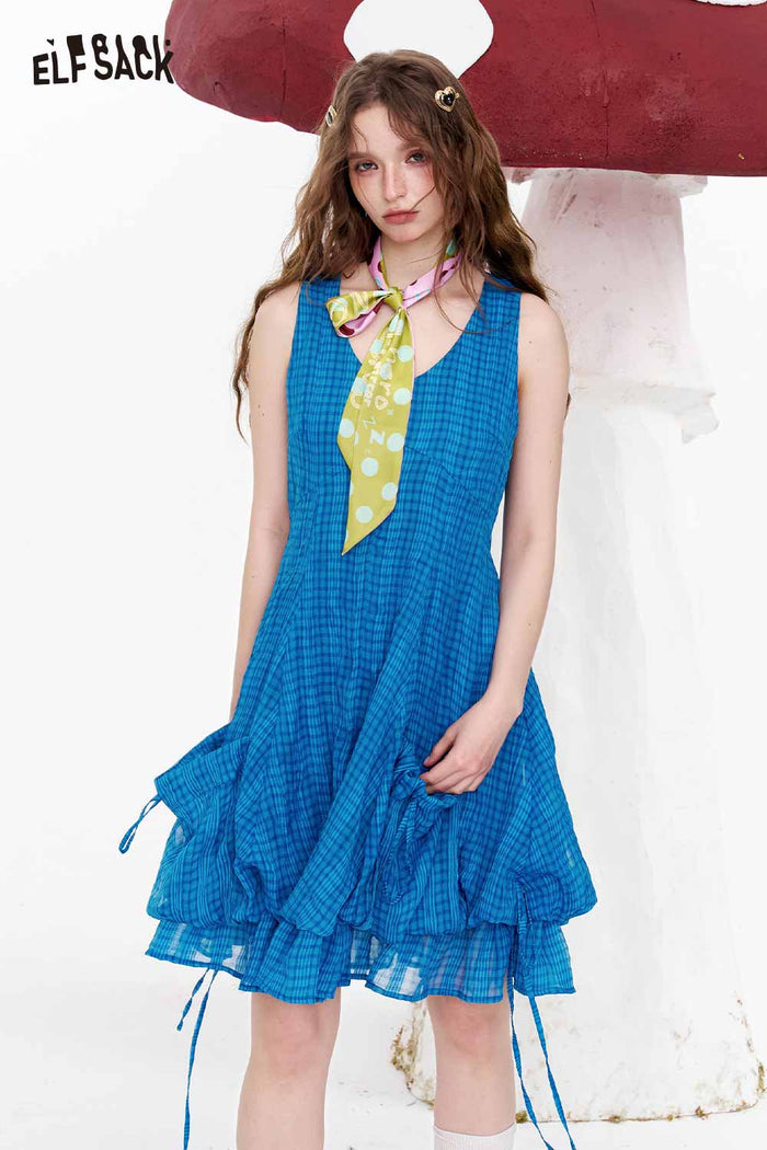 ELFSACK Blue Plaid Drawstring Hem Midi Dress
