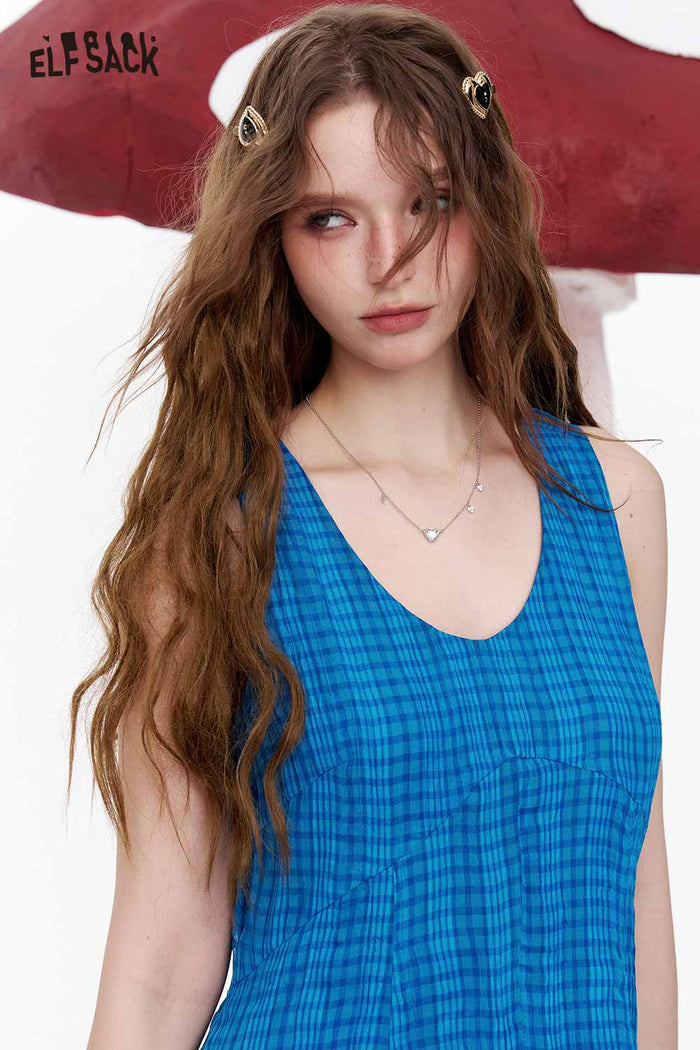 ELFSACK Blue Plaid Drawstring Hem Midi Dress