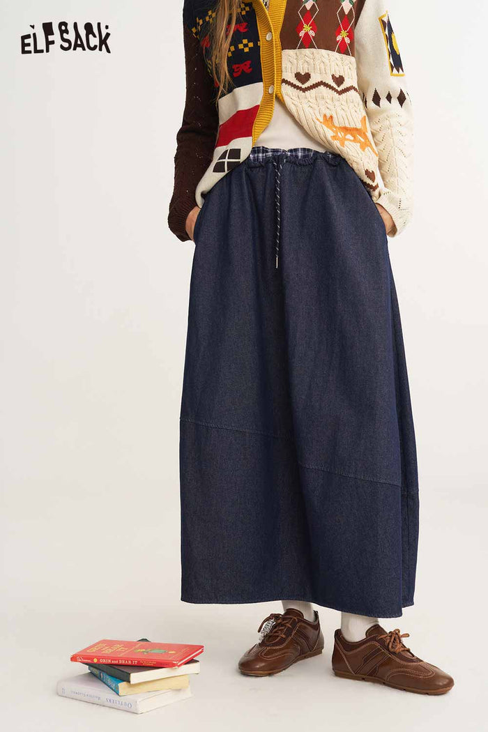Blue Plaid Spliced Waist Peplum Hem Skirt